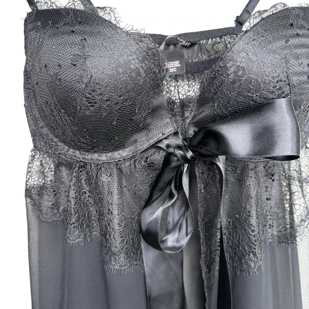 Victoria's Secret Women Babydoll Lingerie 32C Black Lace Bow Romantic Underwire